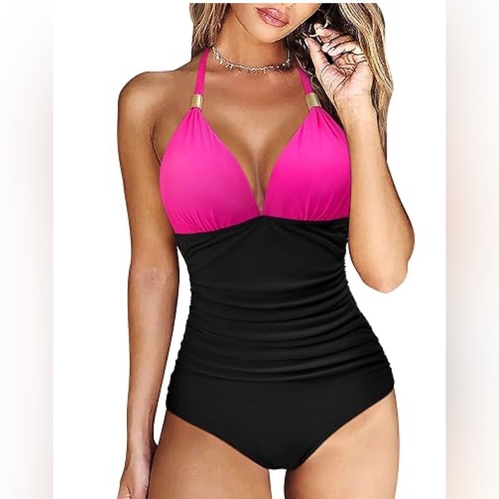 RXRXCOCO Black & Hot Pink Halter One Piece Swimsuit Ruched Tummy Control